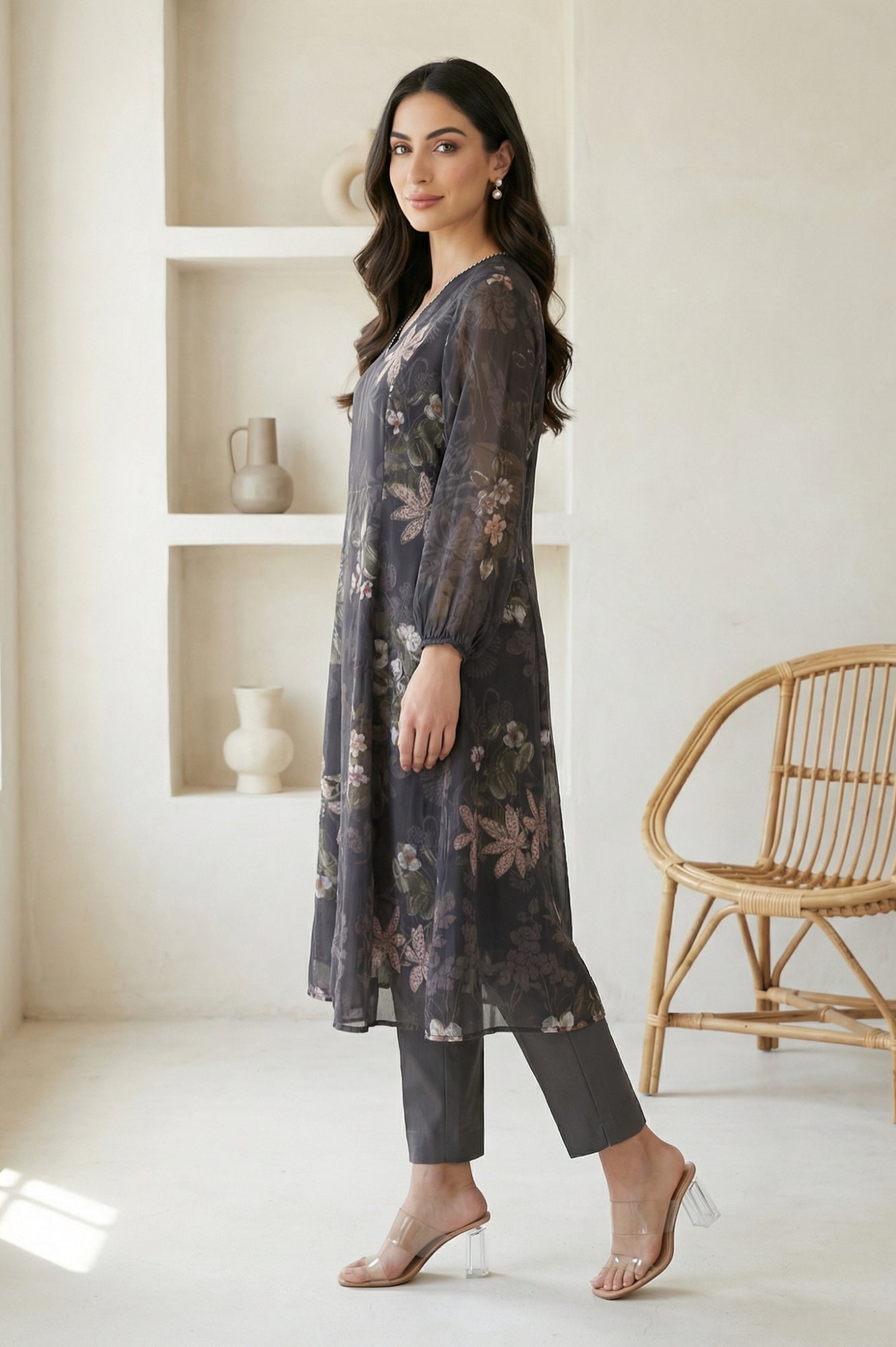 Black Floral Printed Chiffon Straight Kurta