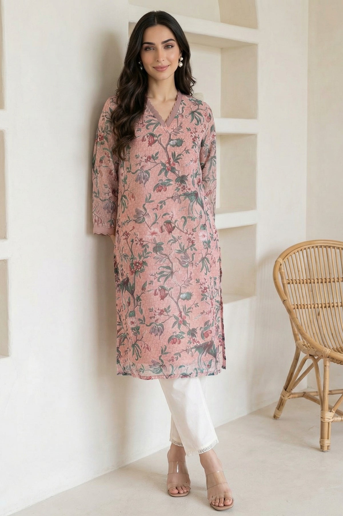 Pink Floral Printed Lace Chiffon Straight Kurta - S