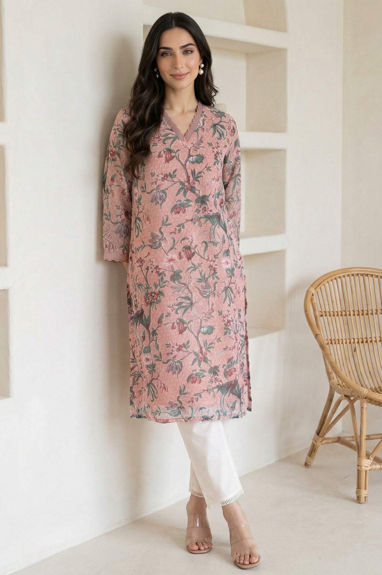 Pink Floral Printed Lace Chiffon Straight Kurta