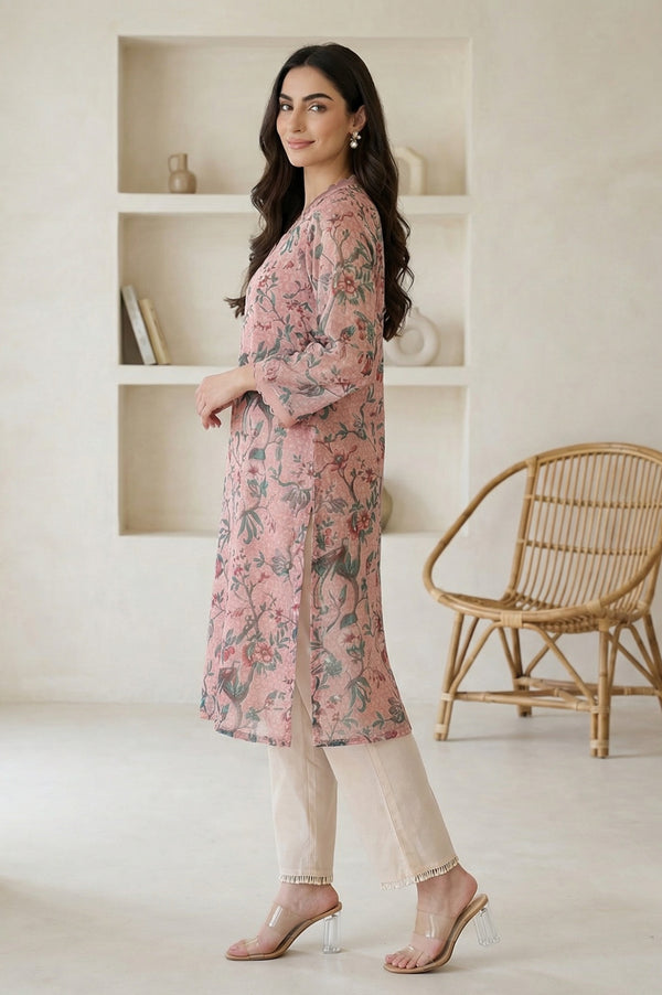 Pink Floral Printed Lace Chiffon Straight Kurta