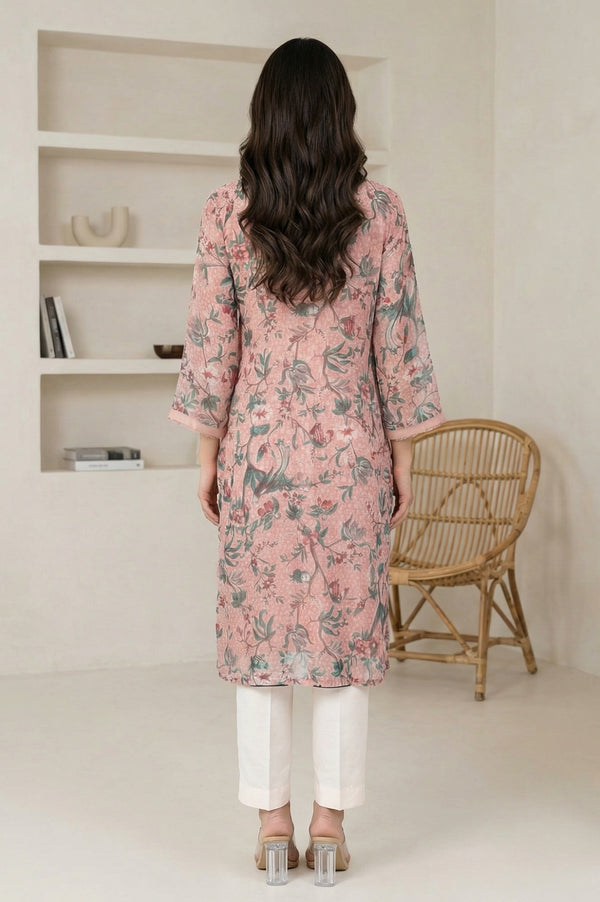 Pink Floral Printed Lace Chiffon Straight Kurta