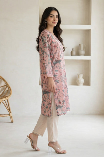 Pink Floral Printed Lace Chiffon Straight Kurta
