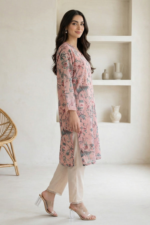 Pink Floral Printed Lace Chiffon Straight Kurta