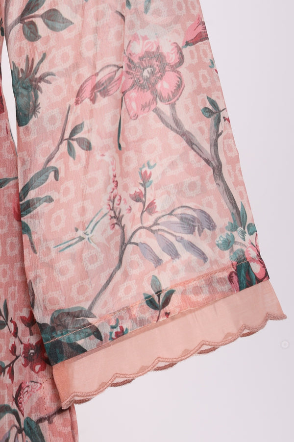 Pink Floral Printed Lace Chiffon Straight Kurta
