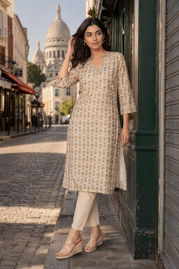 Beige Floral Printed Embroidered Straight Kurta