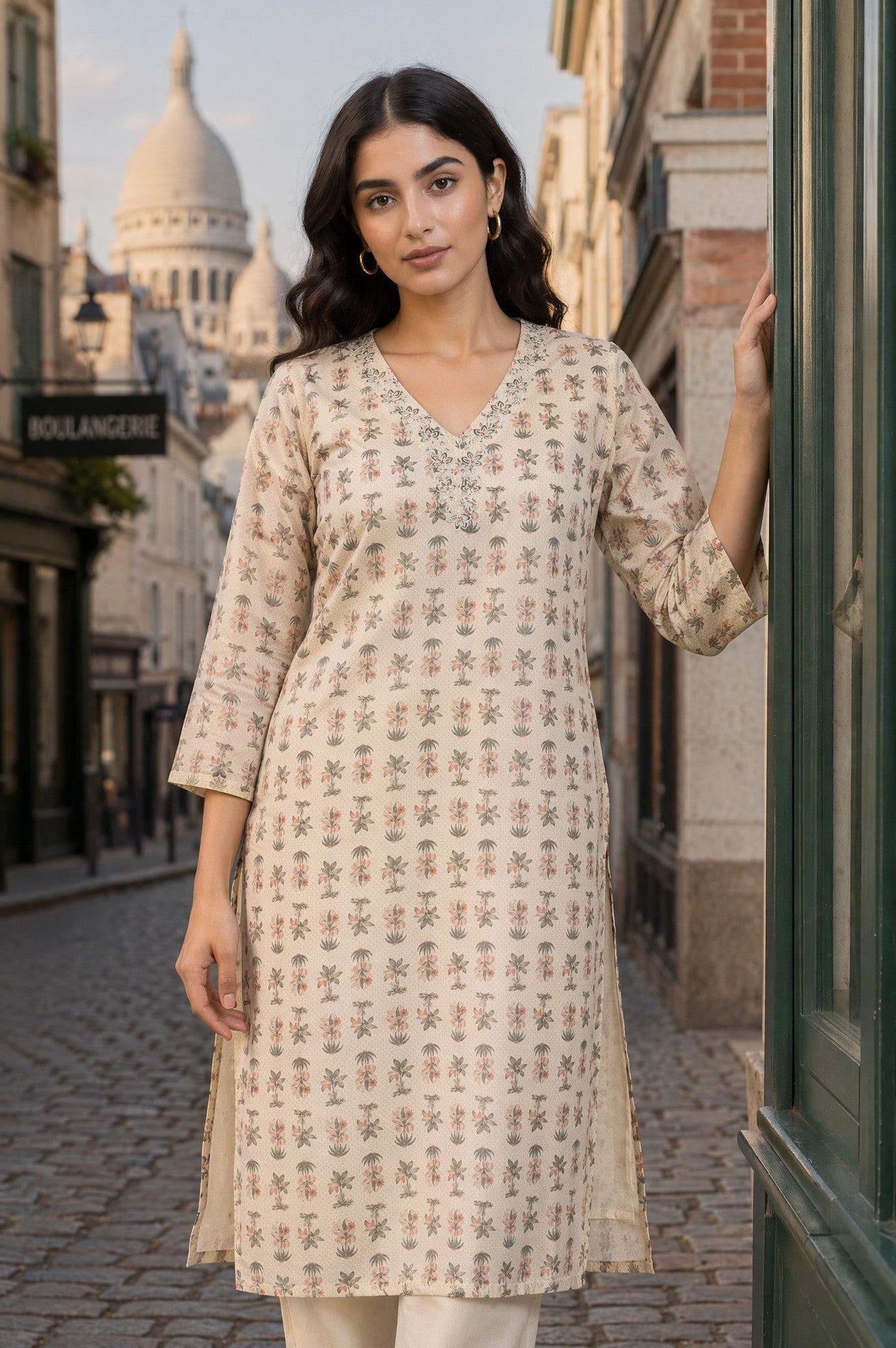 Beige Floral Printed Embroidered Straight Kurta