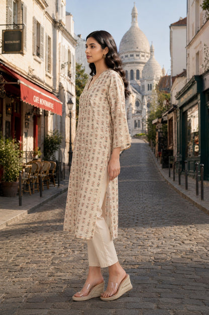 Beige Floral Printed Embroidered Straight Kurta