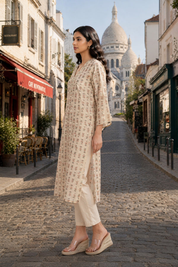 Beige Floral Printed Embroidered Straight Kurta