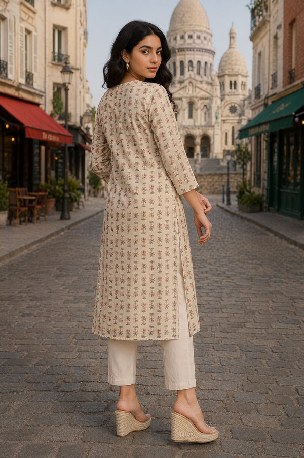 Beige Floral Printed Embroidered Straight Kurta
