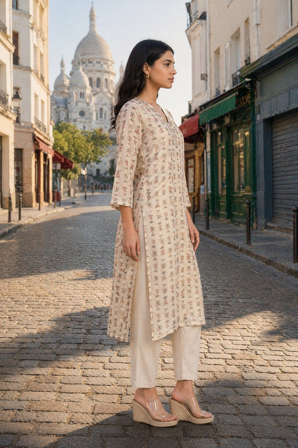 Beige Floral Printed Embroidered Straight Kurta