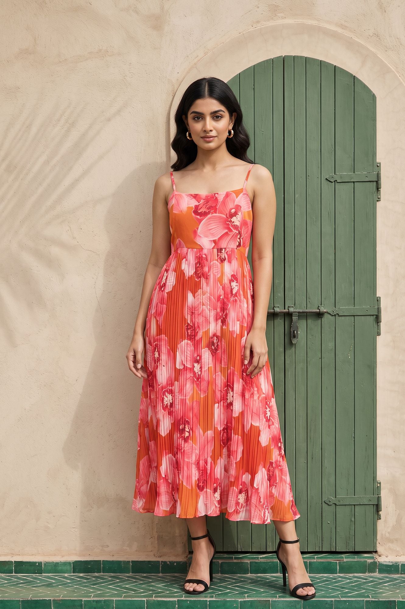 Orange Floral Printed Sleeveless Georgette Flared Dress