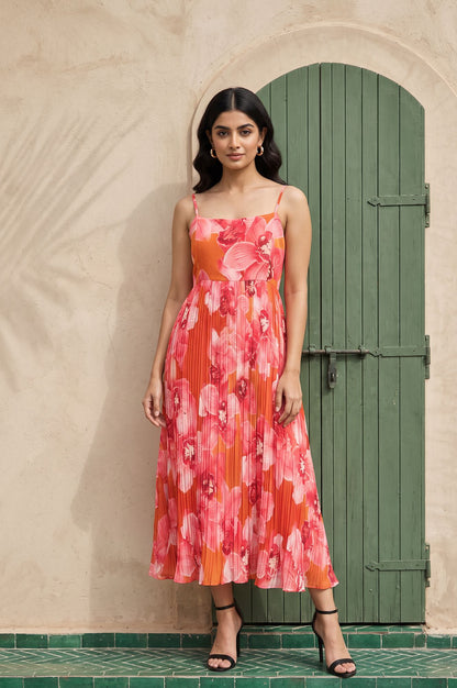 Orange Floral Printed Sleeveless Georgette Flared Dress