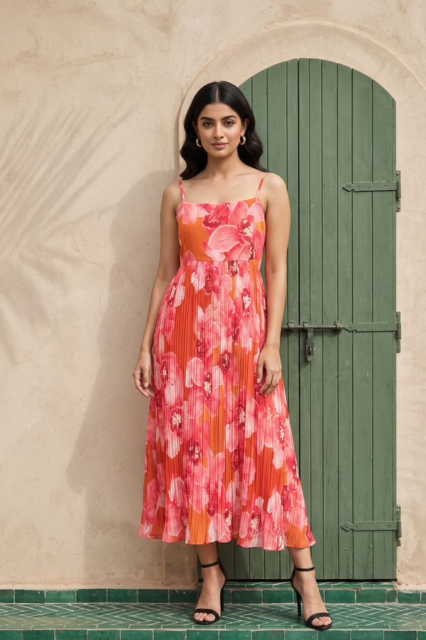 Orange Floral Printed Sleeveless Georgette Flared Dress