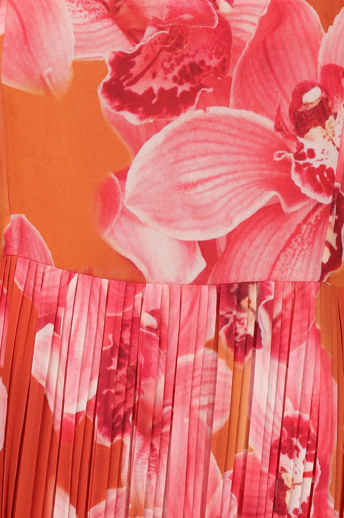Orange Floral Printed Sleeveless Georgette Flared Dress