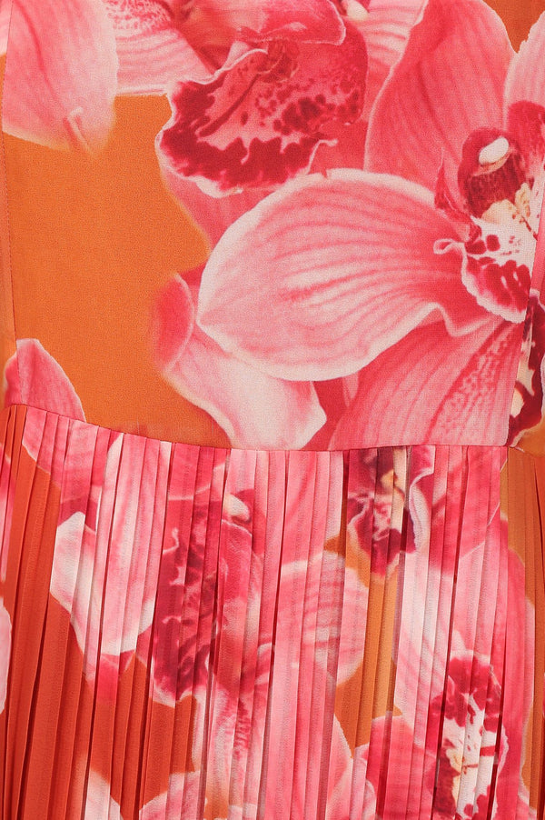 Orange Floral Printed Sleeveless Georgette Flared Dress