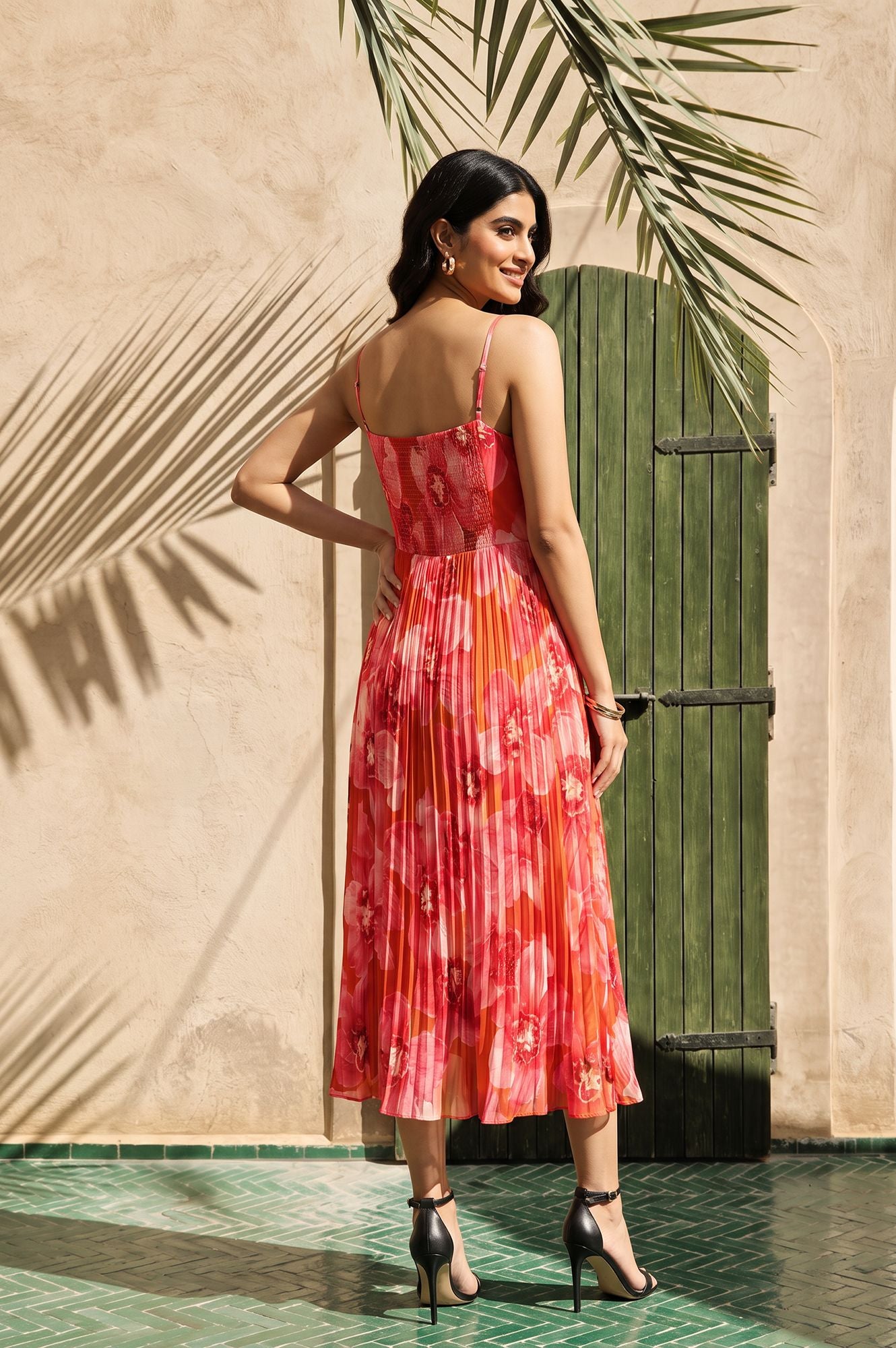 Orange Floral Printed Sleeveless Georgette Flared Dress