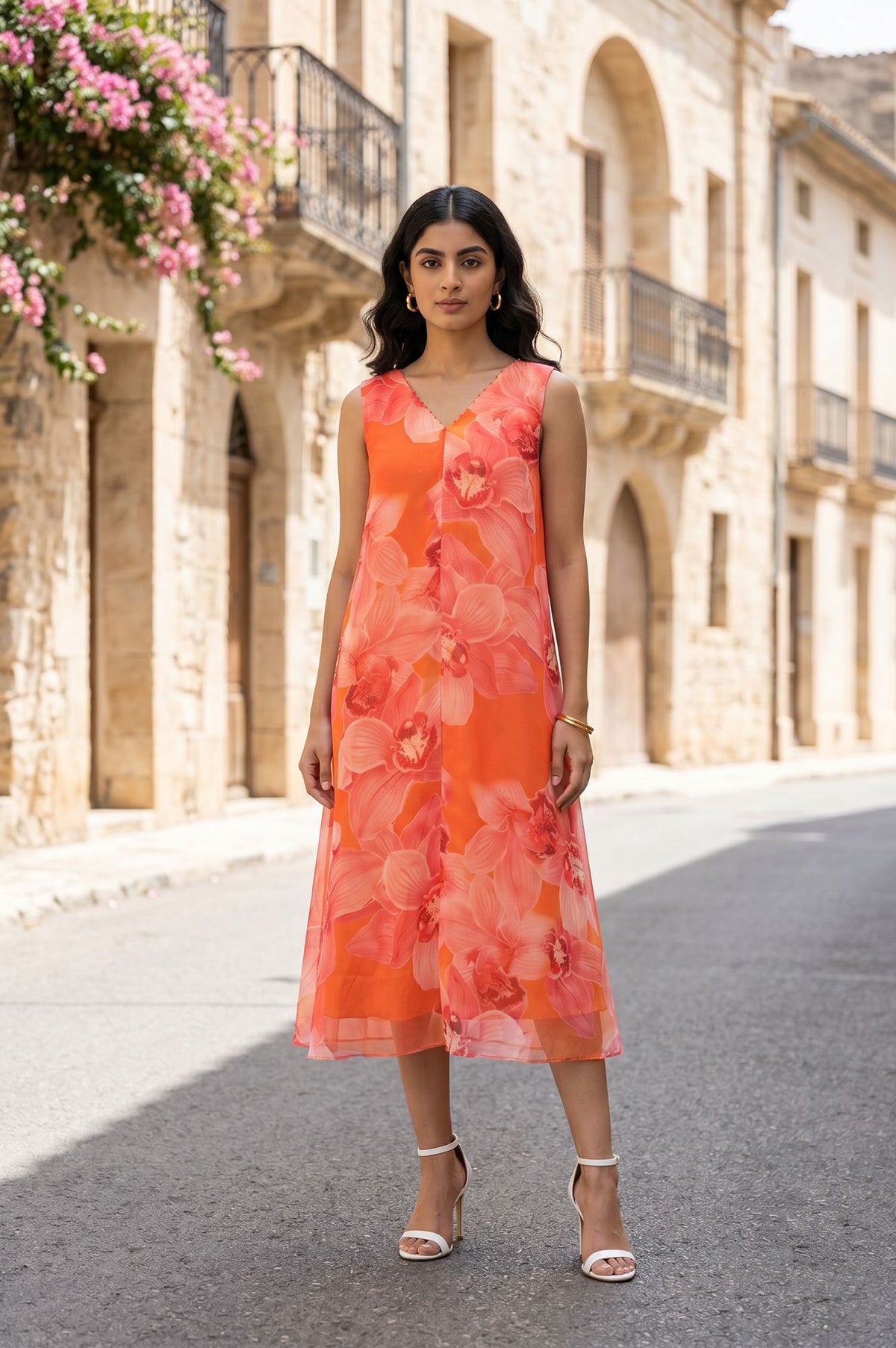 Orange Floral Printed Sleeveless Chiffon A-line Western Dress