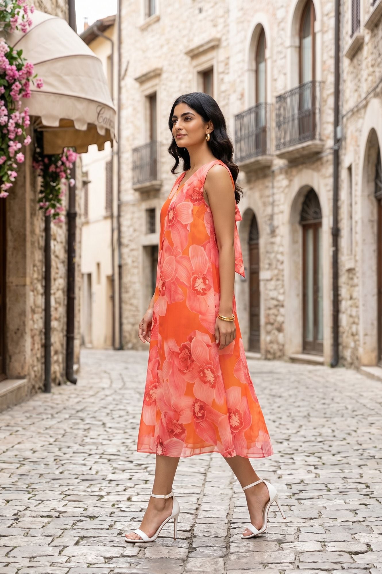 Orange Floral Printed Sleeveless Chiffon A-line Western Dress