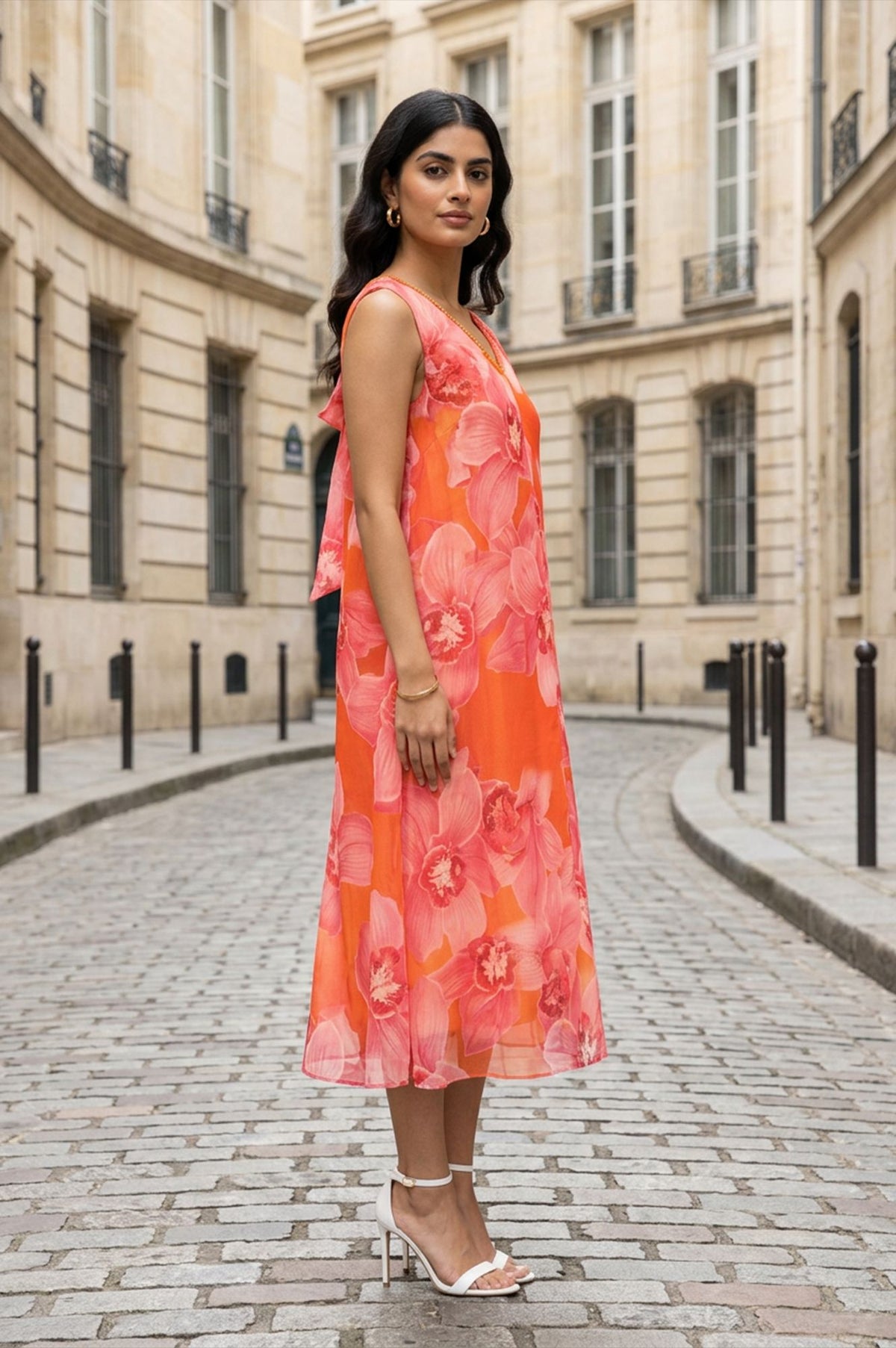Orange Floral Printed Sleeveless Chiffon A-line Western Dress