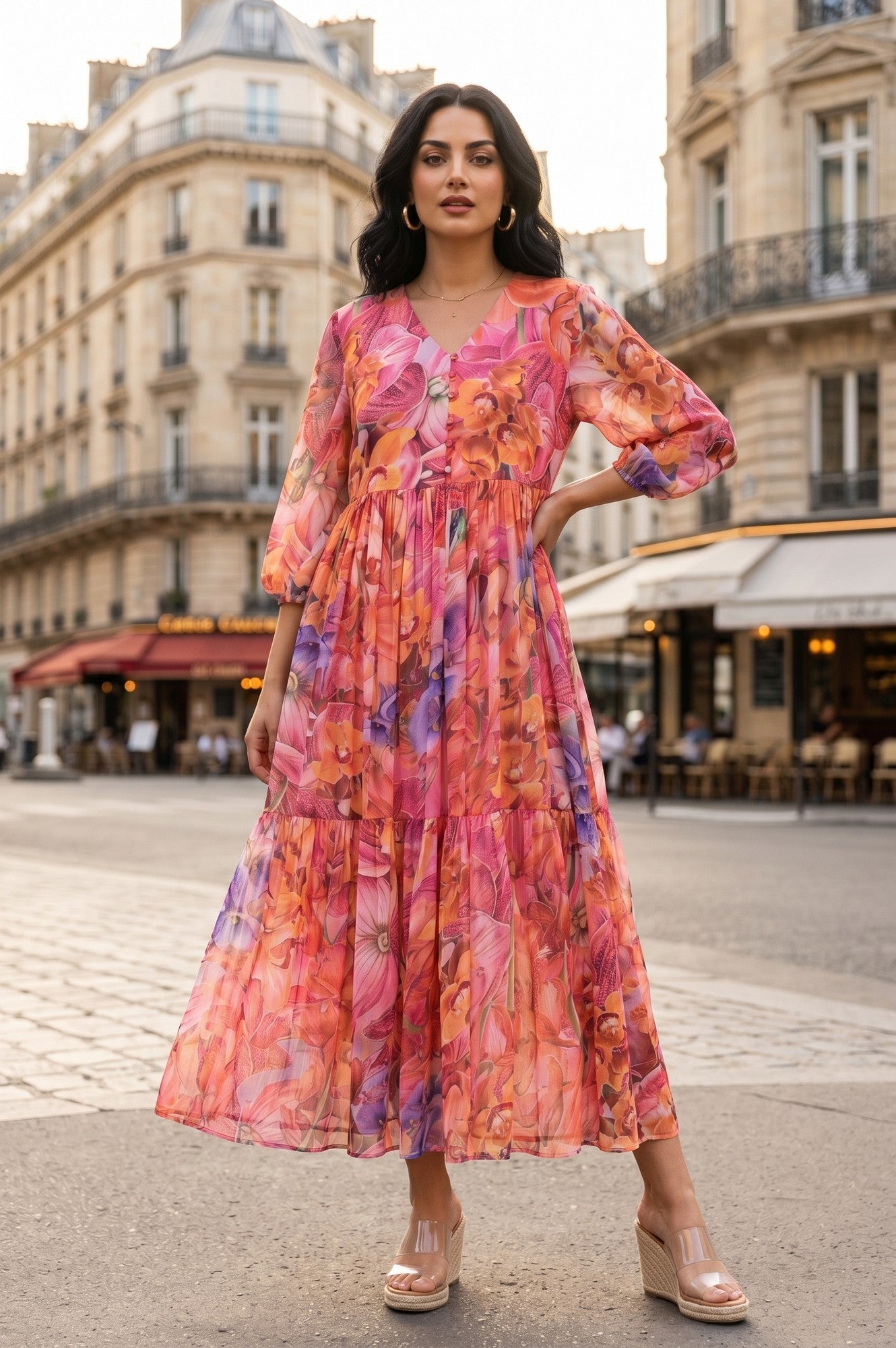Multicolor Floral Printed Chiffon Flared Dress