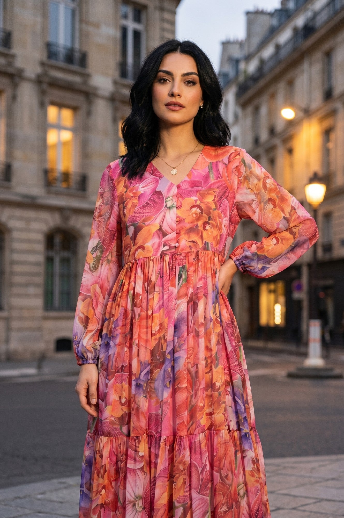 Multicolor Floral Printed Chiffon Flared Dress