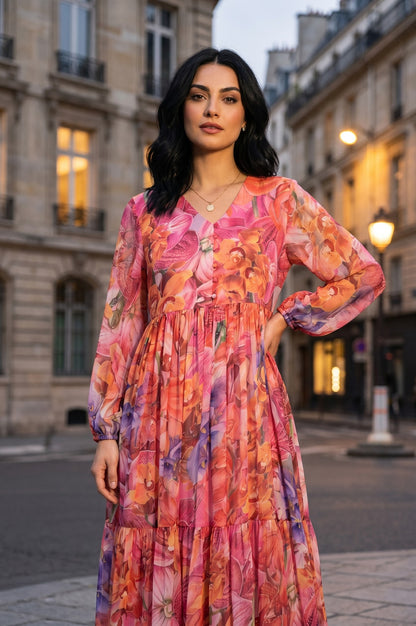 Multicolor Floral Printed Chiffon Flared Dress