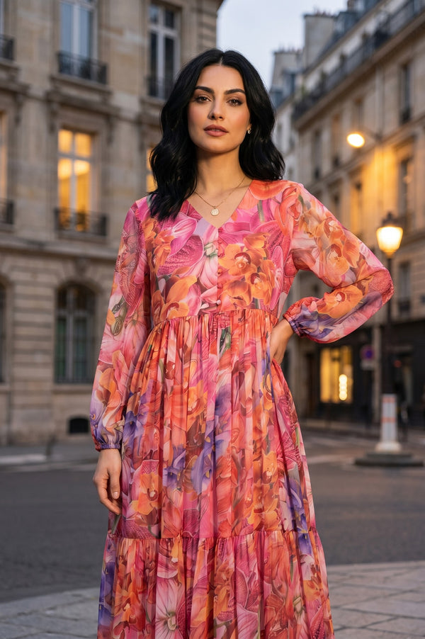 Multicolor Floral Printed Chiffon Flared Dress