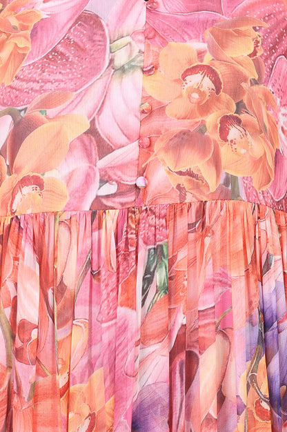 Multicolor Floral Printed Chiffon Flared Dress