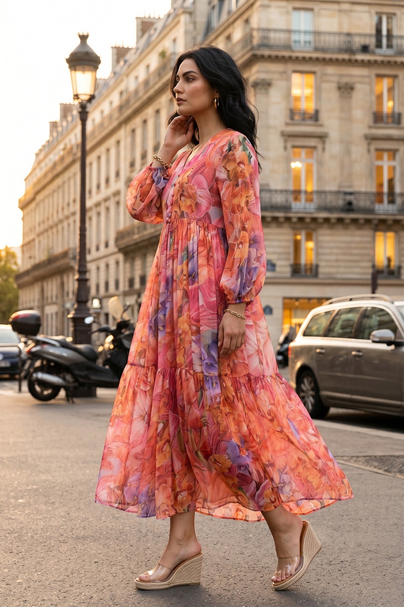 Multicolor Floral Printed Chiffon Flared Dress