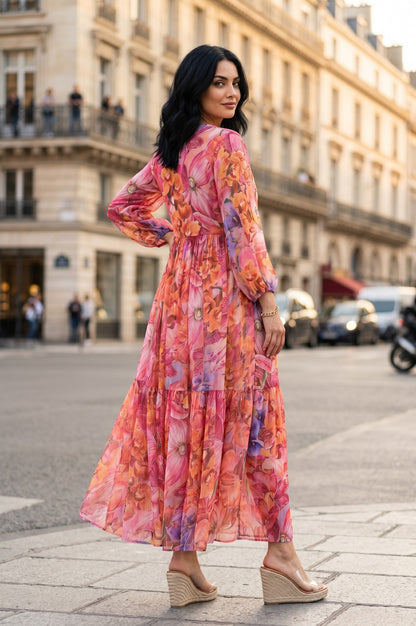 Multicolor Floral Printed Chiffon Flared Dress