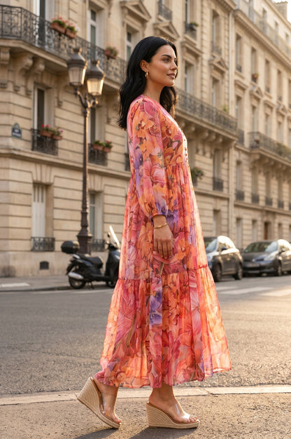 Multicolor Floral Printed Chiffon Flared Dress