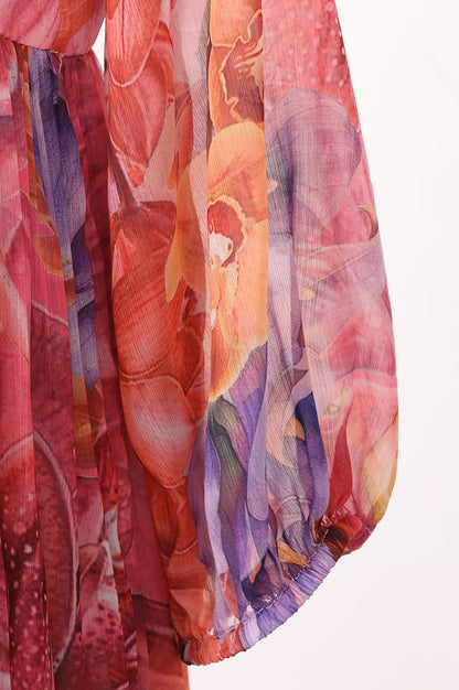 Multicolor Floral Printed Chiffon Flared Dress