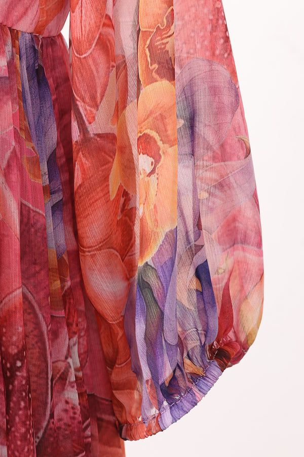 Multicolor Floral Printed Chiffon Flared Dress