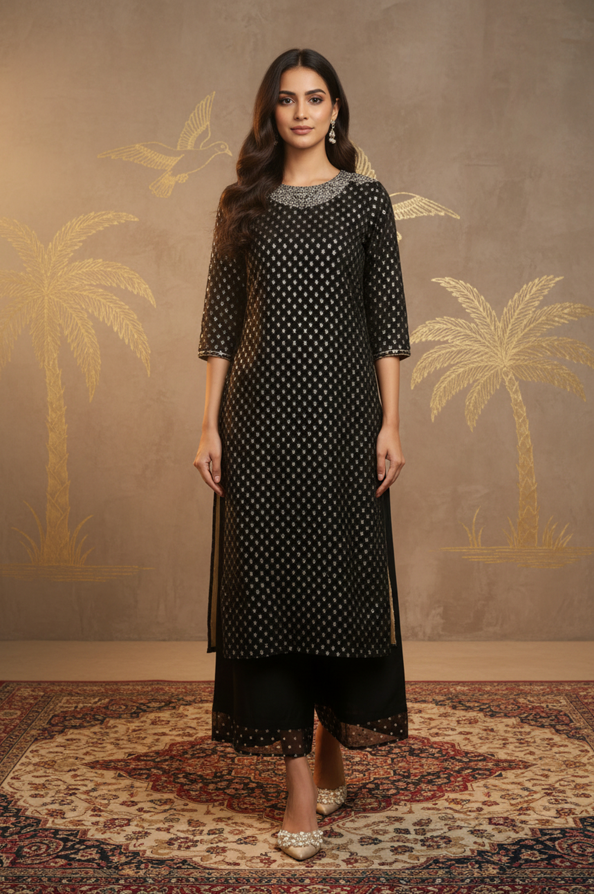 Black Glitter Printed Rayon Straight Kurta with Embroidered Neck - XS
