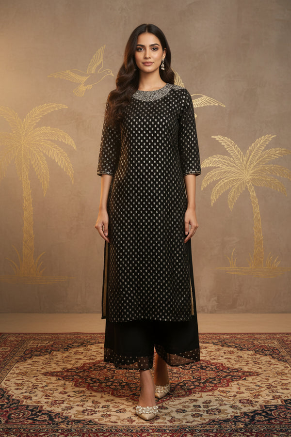 Black Glitter Printed Rayon Straight Kurta with Embroidered Neck