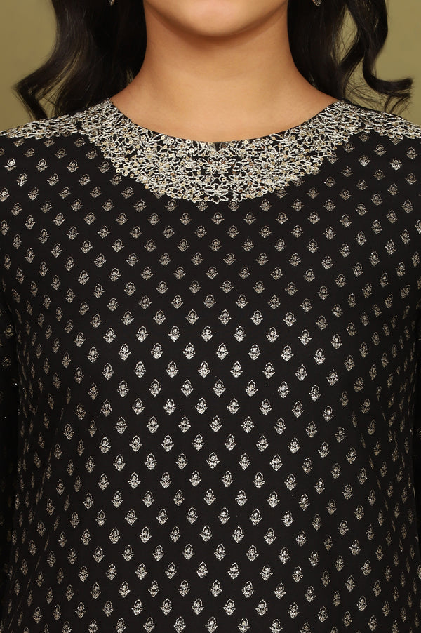 Black Glitter Printed Rayon Straight Kurta with Embroidered Neck