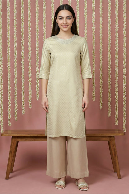 Mint Green Glitter Printed Rayon Straight Kurta with Embroidered Neck