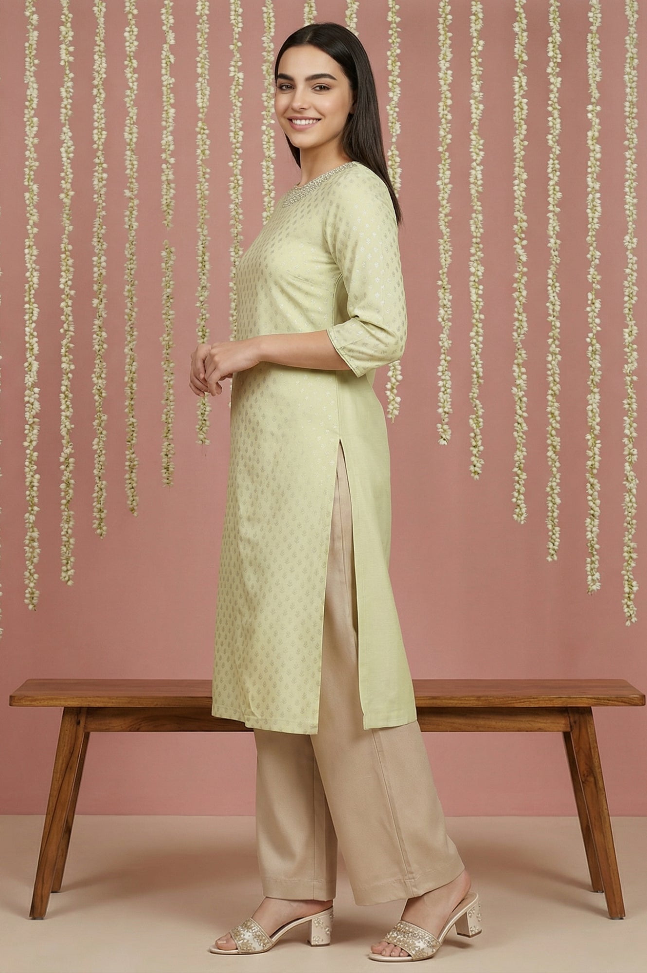 Mint Green Glitter Printed Rayon Straight Kurta with Embroidered Neck