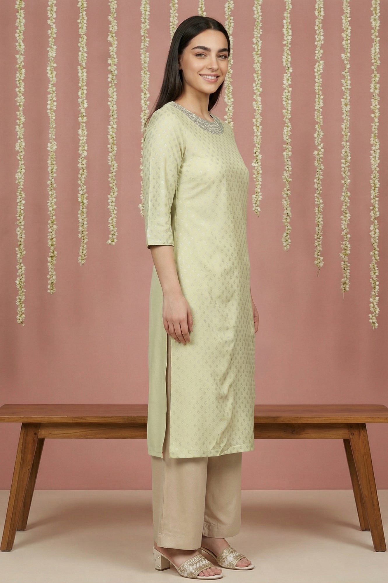 Mint Green Glitter Printed Rayon Straight Kurta with Embroidered Neck