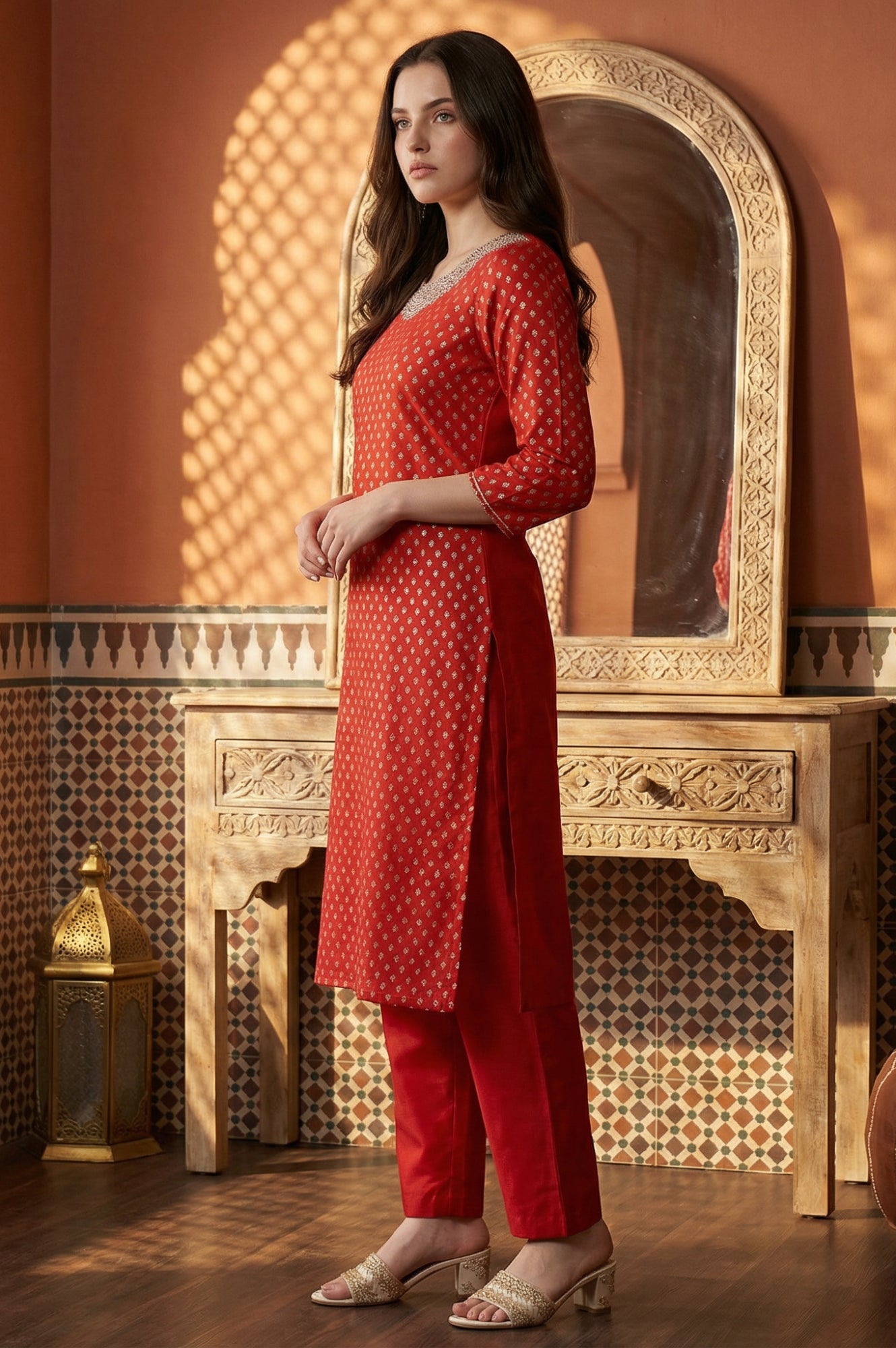 Maroon Glitter Printed Rayon Straight Kurta with Embroidered Neck