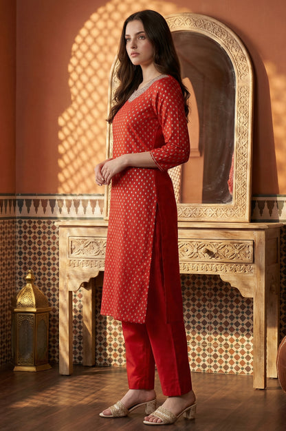 Maroon Glitter Printed Rayon Straight Kurta with Embroidered Neck