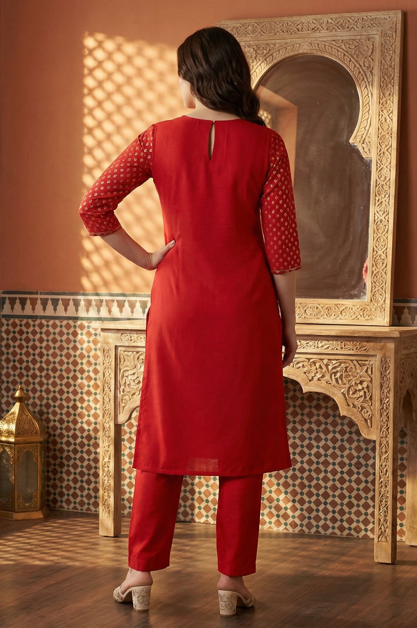 Maroon Glitter Printed Rayon Straight Kurta with Embroidered Neck