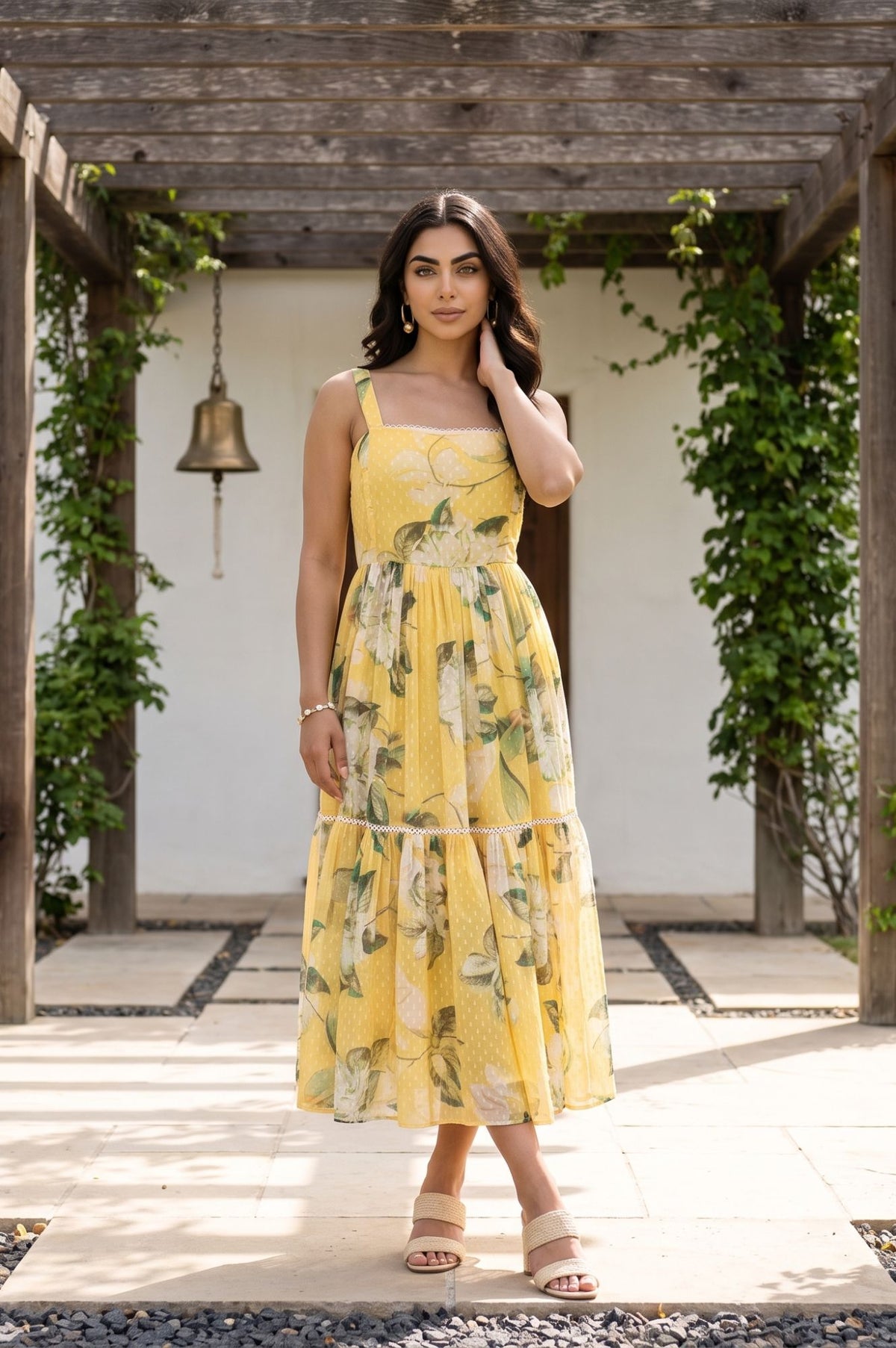Yellow Floral Printed Sleeveless Chiffon Flared Dress