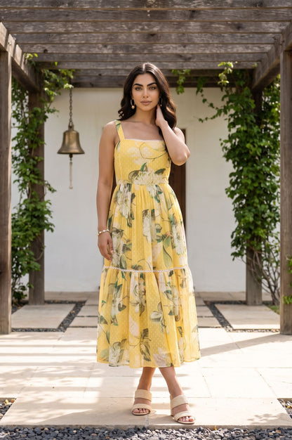 Yellow Floral Printed Sleeveless Chiffon Flared Dress