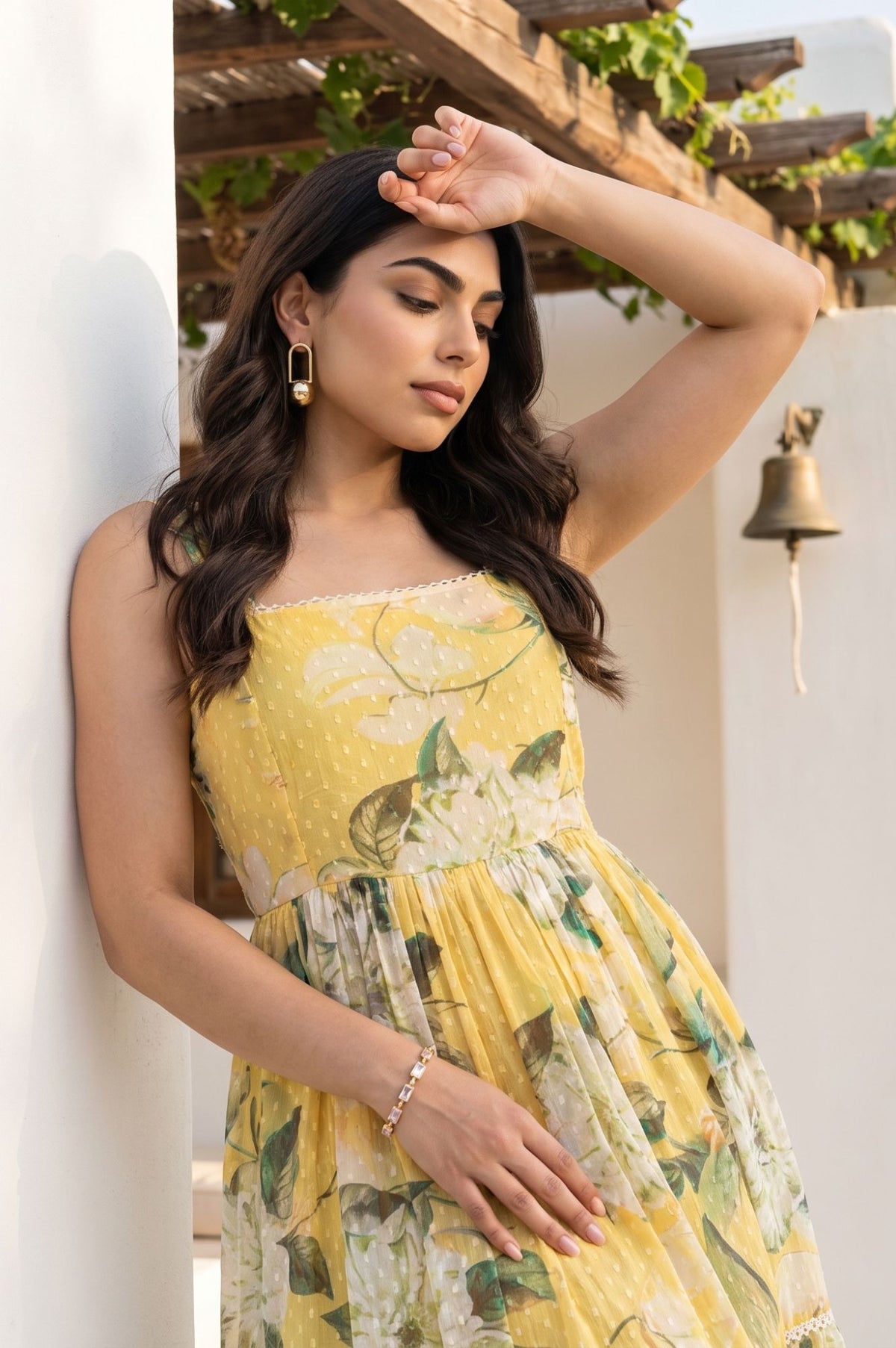 Yellow Floral Printed Sleeveless Chiffon Flared Dress
