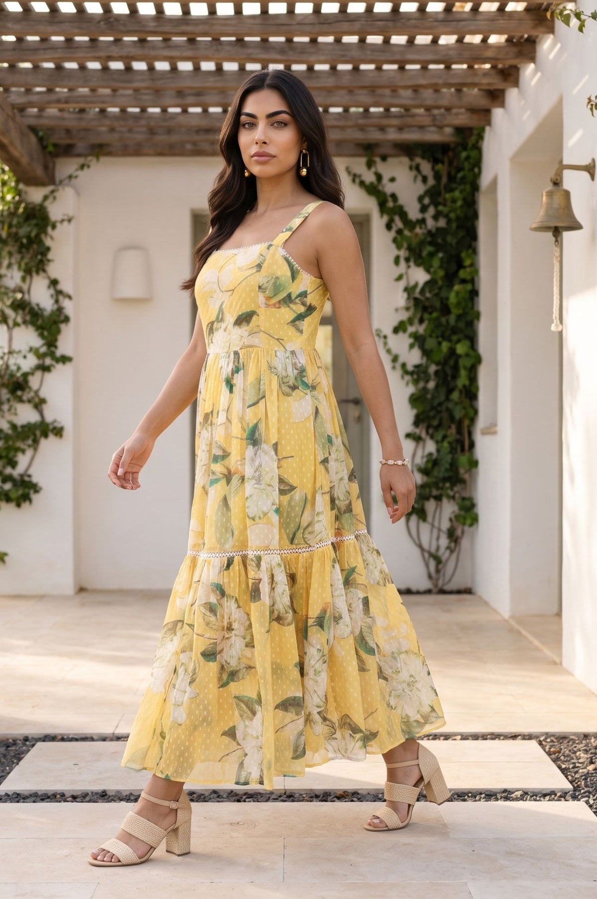 Yellow Floral Printed Sleeveless Chiffon Flared Dress