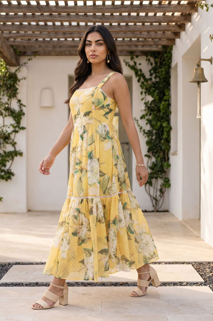 Yellow Floral Printed Sleeveless Chiffon Flared Dress