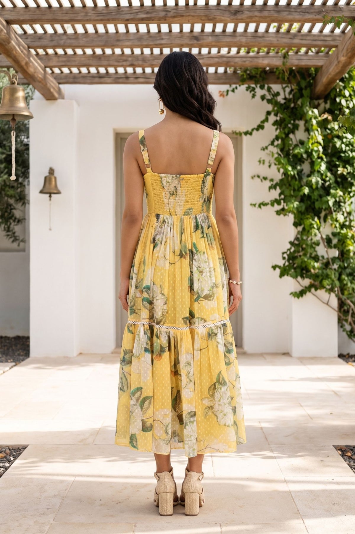 Yellow Floral Printed Sleeveless Chiffon Flared Dress