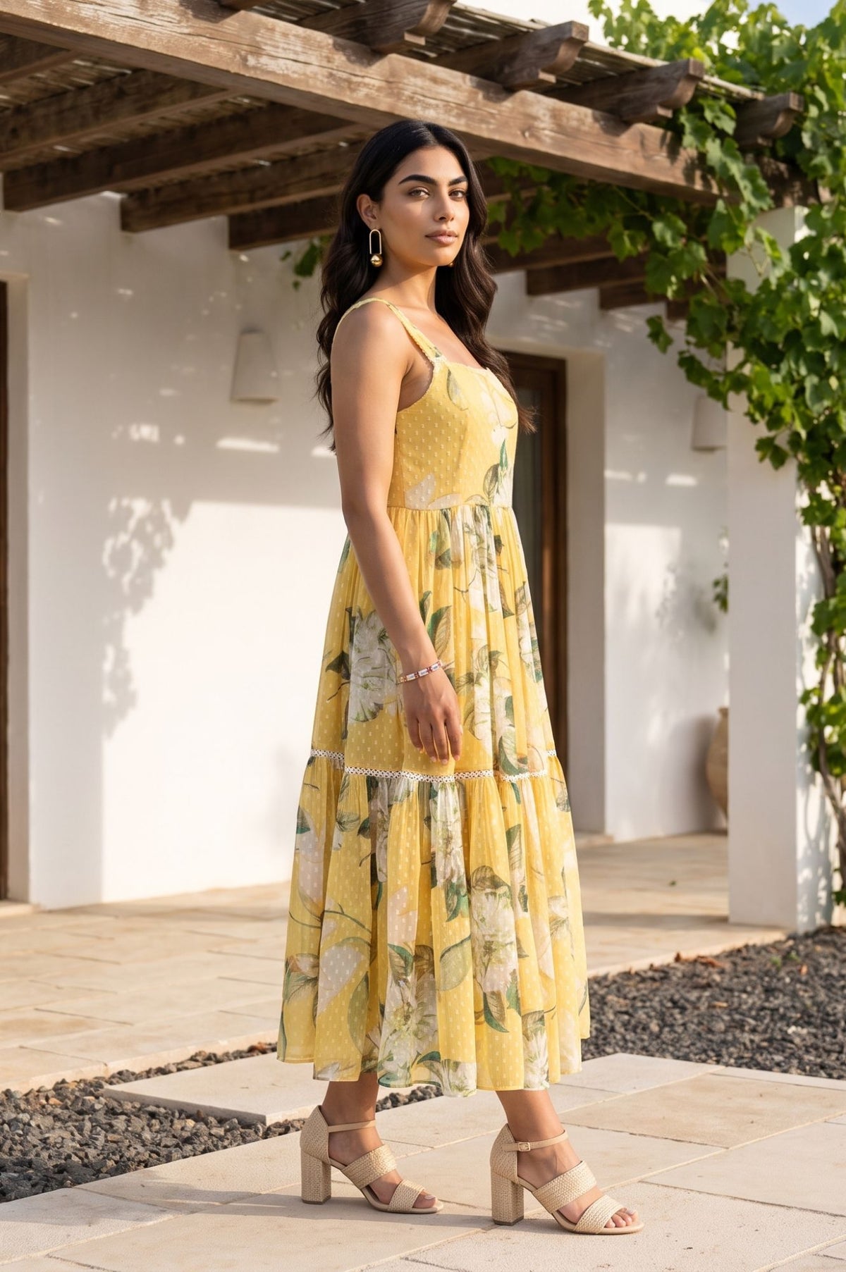 Yellow Floral Printed Sleeveless Chiffon Flared Dress