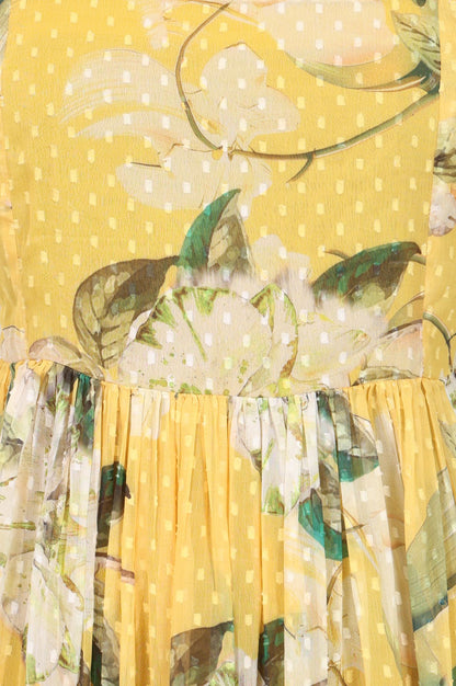 Yellow Floral Printed Sleeveless Chiffon Flared Dress